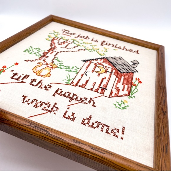 Vintage Cross Stitch Bathroom Sign No Job is Finished Wall Hanging - Picture 6 of 13